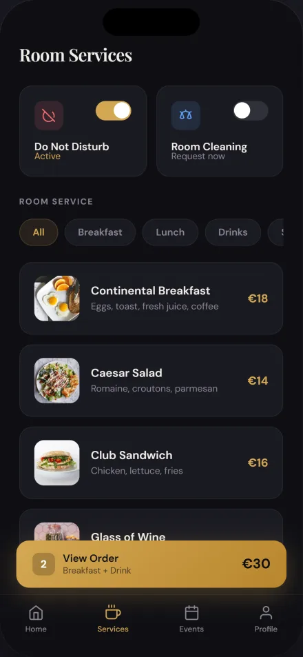 Hospitality app guest services dashboard
